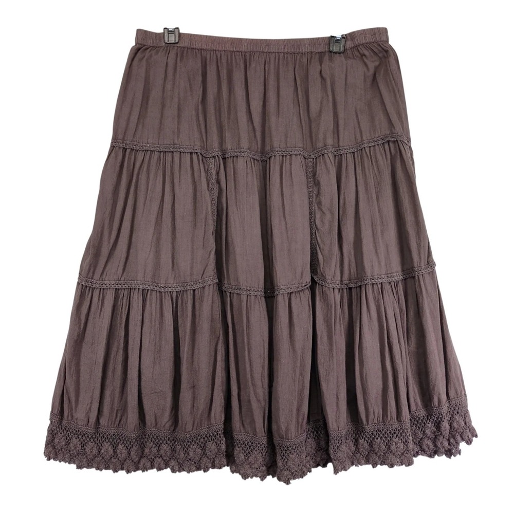 Vintage Y2K Metro Wear Brown Peasant Midi Skirt Plus Size 3X Cotton Tier Crochet